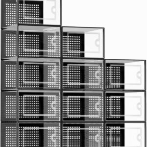 X-Large Shoe Storage Boxes Organizers Clear Plastic Stackable 12 Pack, Shoe Rack & Holder Substitute, Sneaker Containers, Toy Storage Organizer Bins for Entryway, Closet, Under Bed, Black