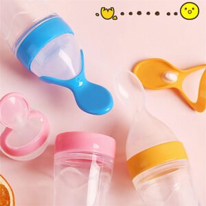 he Cheeky Kidzz Baby Fruit Shape Silicone Teether Teething Toys for Baby Textured Molar Teeth Soother Massager with Baby Silicone Spoon Feeding Bottle Combo(4 Months+) (Pink,Pink)